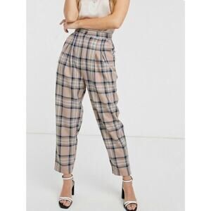 ASOS High Waist Crop Trouser Womens 8 Beige Plaid Preppy Pleated Tapered Leg